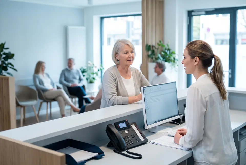 Der Empfang einer Arztpraxis, die Mitarbeiterin spricht mit einer Patientin, das Telefon blinkt.